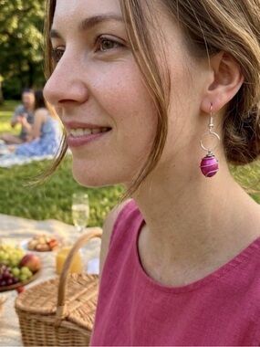 Pink and Silver Toned Wire Wrapped Earrings